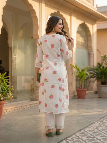 Off White Floral Printed Cotton A-Line Kurta Set with Mirror Work, Threadwork Embroidery, V-Neck, Trouser & Crochet Lace Pure Cotton Dupatta