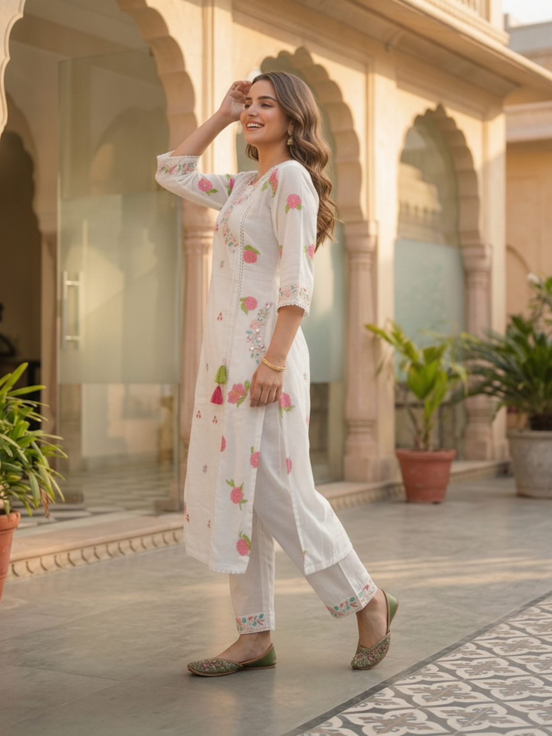 Off White Floral Printed Cotton A-Line Kurta Set with Mirror Work, Threadwork Embroidery, V-Neck, Trouser & Crochet Lace Pure Cotton Dupatta