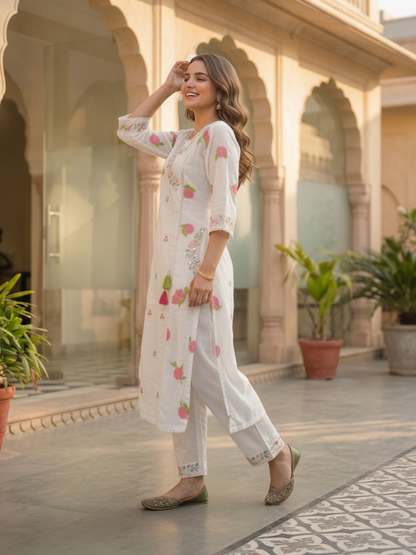 Off White Floral Printed Cotton A-Line Kurta Set with Mirror Work, Threadwork Embroidery, V-Neck, Trouser & Crochet Lace Pure Cotton Dupatta