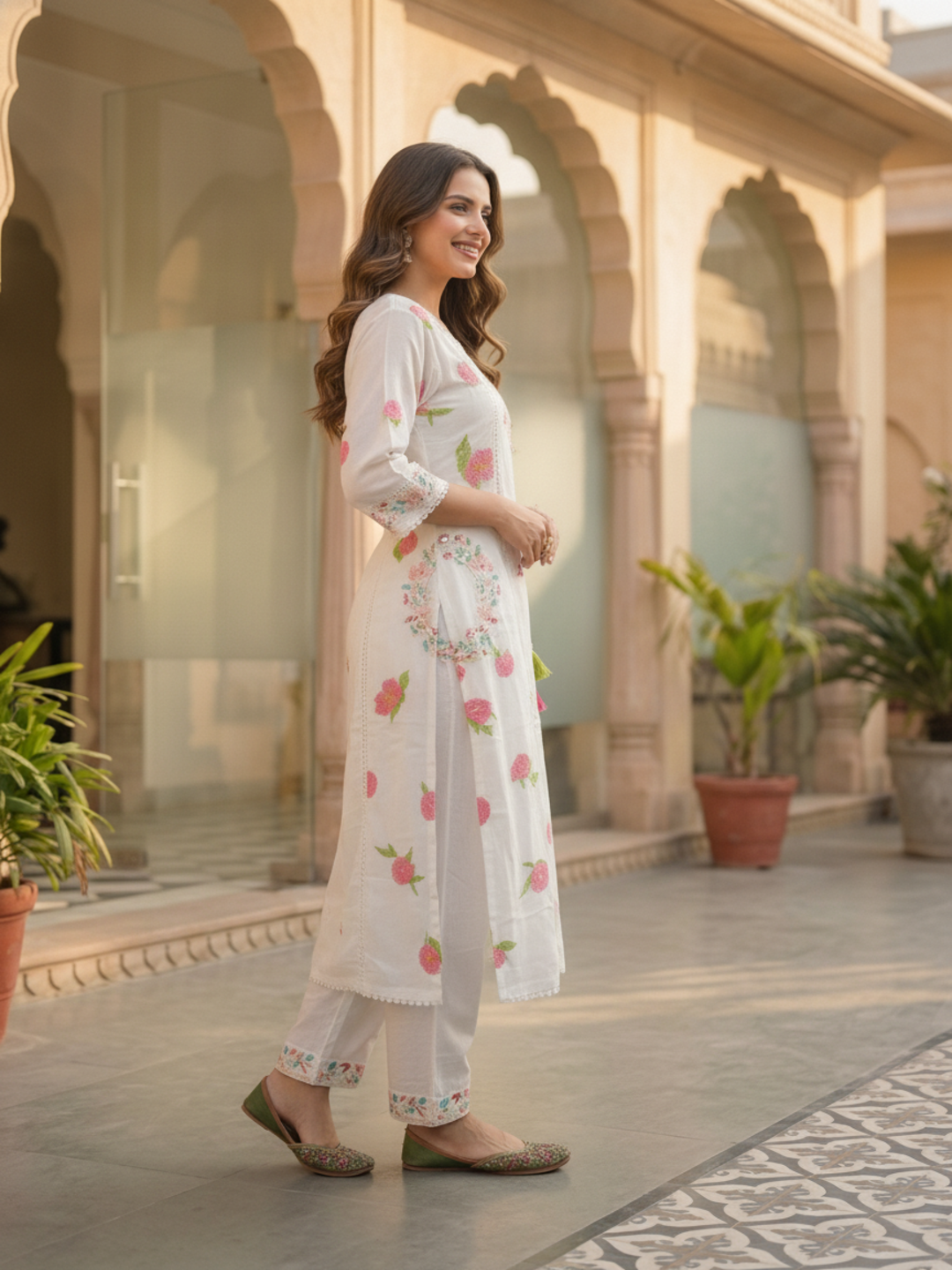 Off White Floral Printed Cotton A-Line Kurta Set with Mirror Work, Threadwork Embroidery, V-Neck, Trouser & Crochet Lace Pure Cotton Dupatta
