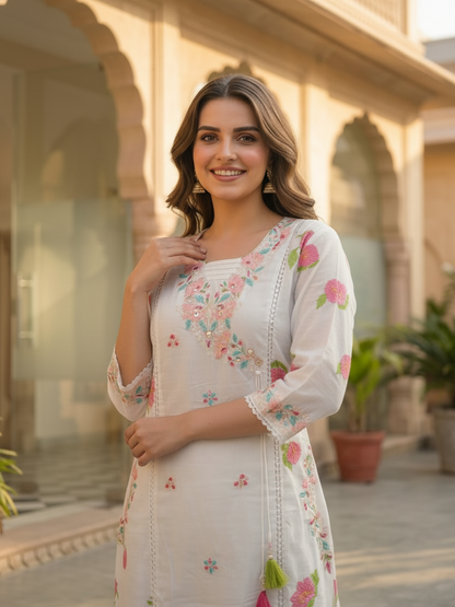 Off White Floral Printed Cotton A-Line Kurta Set with Mirror Work, Threadwork Embroidery, V-Neck, Trouser & Crochet Lace Pure Cotton Dupatta