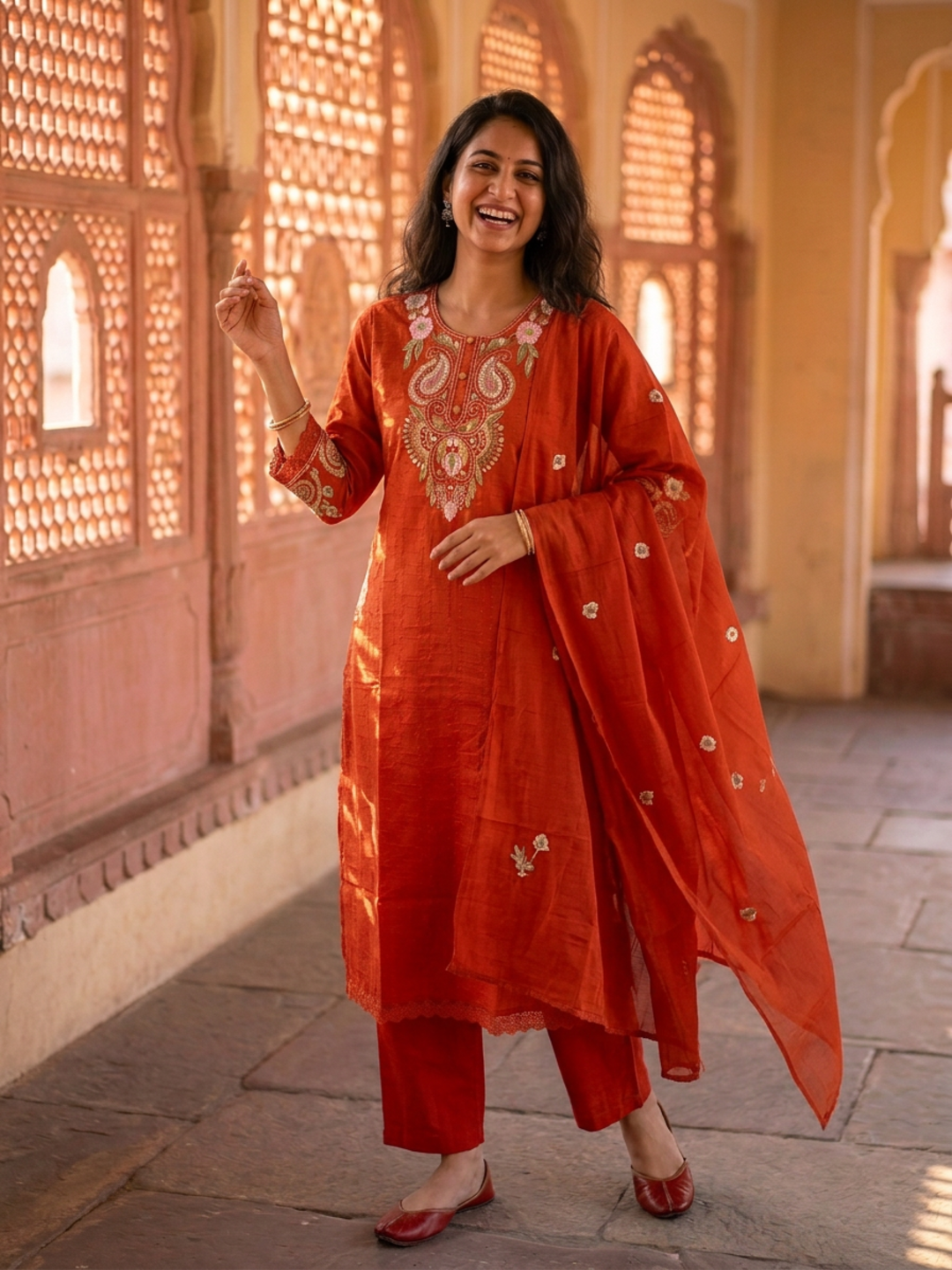 Rust Orange Solid Cotton A-Line Kurta Set with Foil Mirror Work, Threadwork Embroidery, Palazzo & Pure Cotton Tassel Dupatta