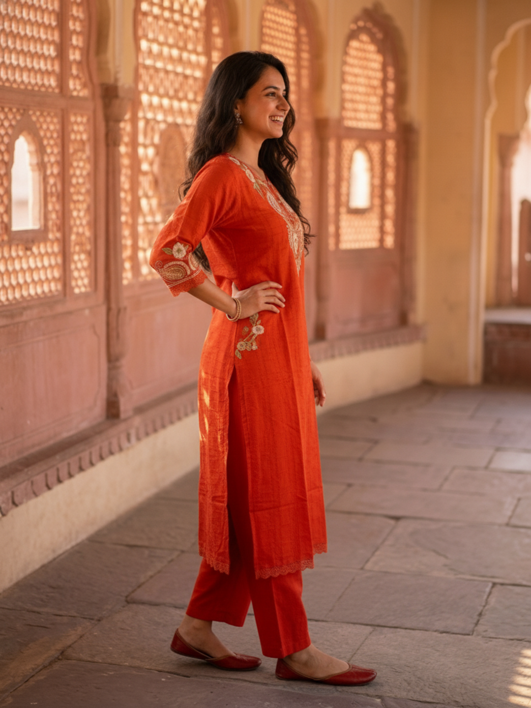 Rust Orange Solid Cotton A-Line Kurta Set with Foil Mirror Work, Threadwork Embroidery, Palazzo & Pure Cotton Tassel Dupatta
