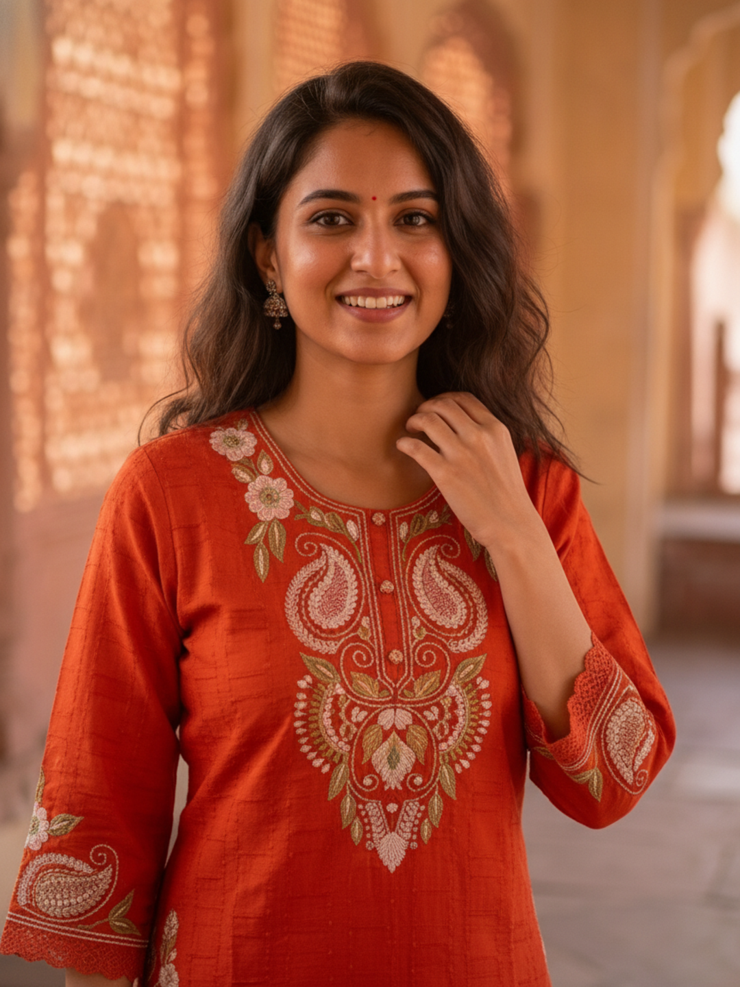 Rust Orange Solid Cotton A-Line Kurta Set with Foil Mirror Work, Threadwork Embroidery, Palazzo & Pure Cotton Tassel Dupatta