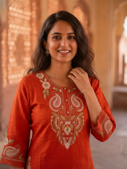 Rust Orange Solid Cotton A-Line Kurta Set with Foil Mirror Work, Threadwork Embroidery, Palazzo & Pure Cotton Tassel Dupatta