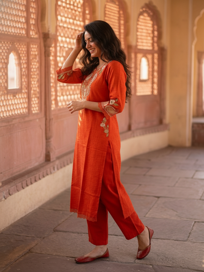 Rust Orange Solid Cotton A-Line Kurta Set with Foil Mirror Work, Threadwork Embroidery, Palazzo & Pure Cotton Tassel Dupatta