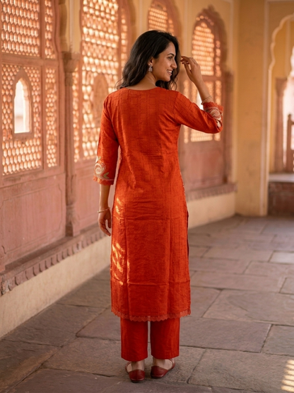 Rust Orange Solid Cotton A-Line Kurta Set with Foil Mirror Work, Threadwork Embroidery, Palazzo & Pure Cotton Tassel Dupatta