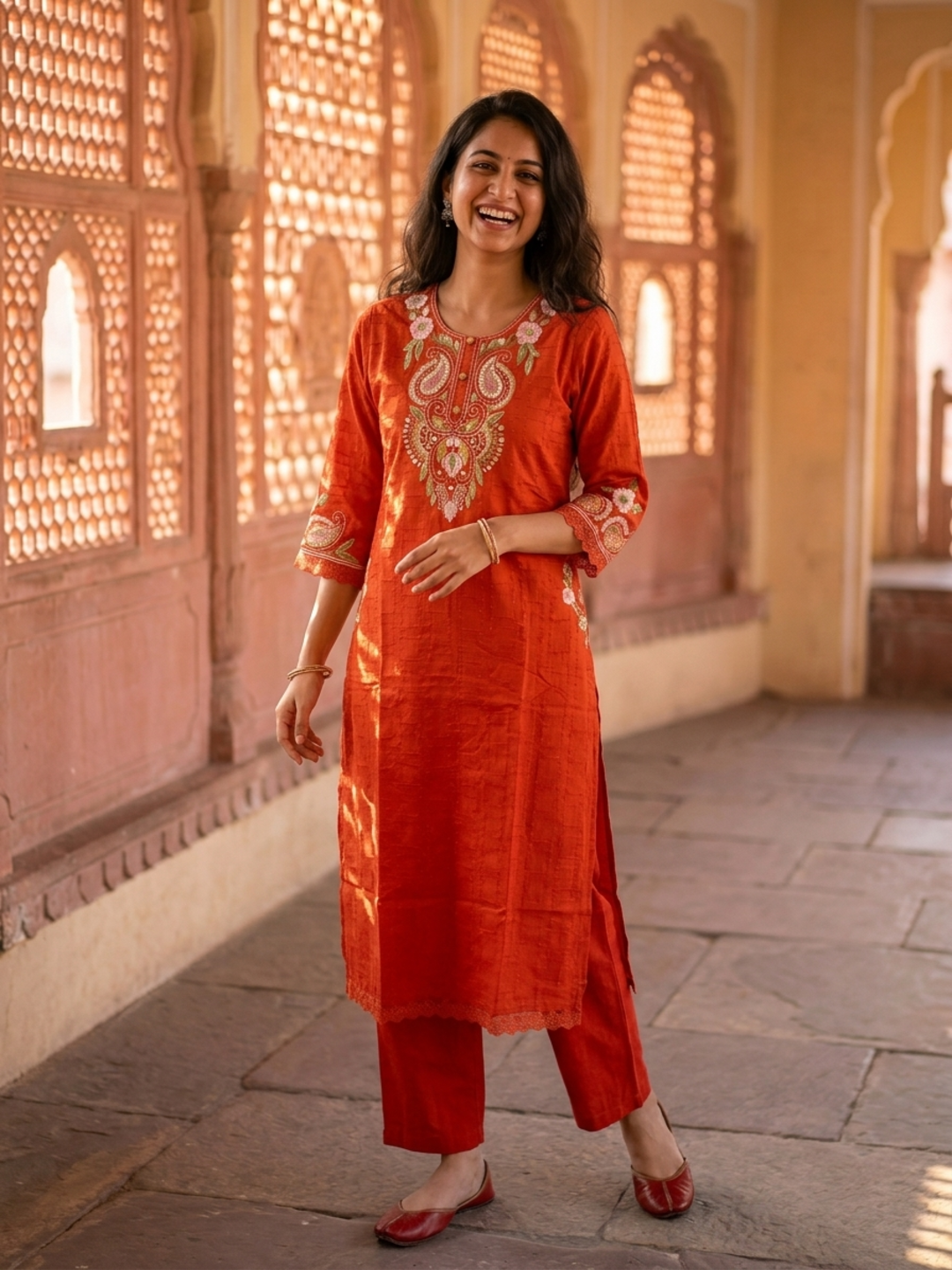 Rust Orange Solid Cotton A-Line Kurta Set with Foil Mirror Work, Threadwork Embroidery, Palazzo & Pure Cotton Tassel Dupatta