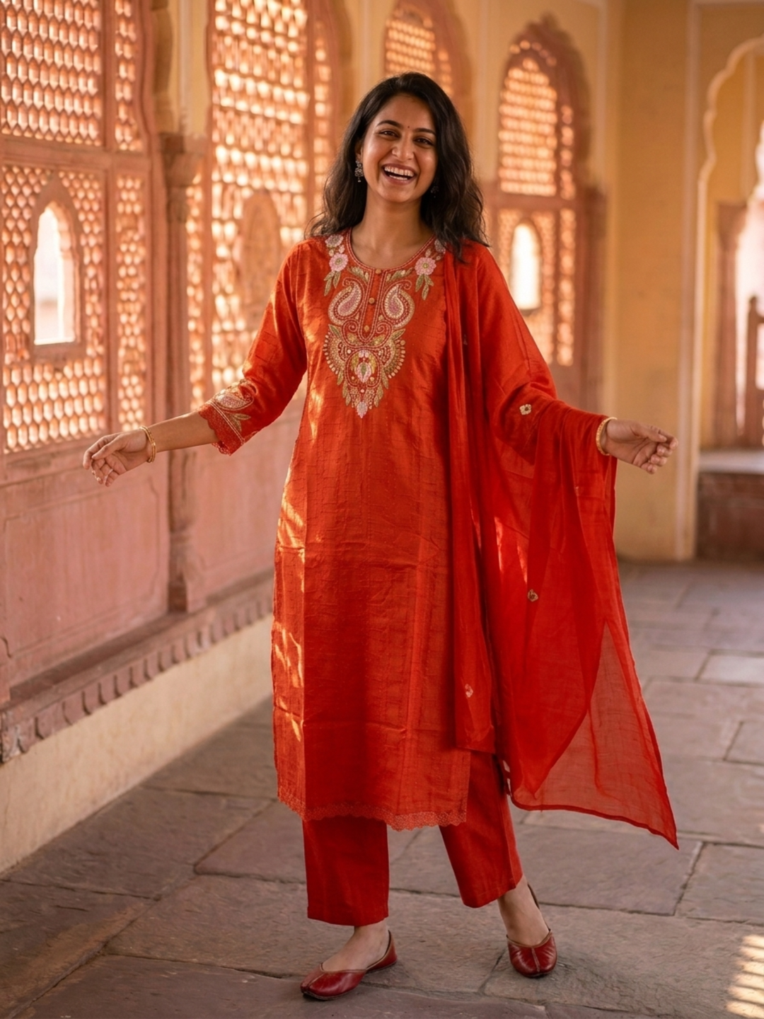 Rust Orange Solid Cotton A-Line Kurta Set with Foil Mirror Work, Threadwork Embroidery, Palazzo & Pure Cotton Tassel Dupatta