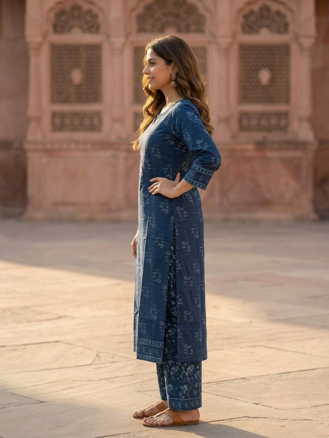 Blue Floral Printed Cotton Straight Kurta Set with Mirror Work, Round Neck, Palazzo & Printed Pure Cotton Dupatta