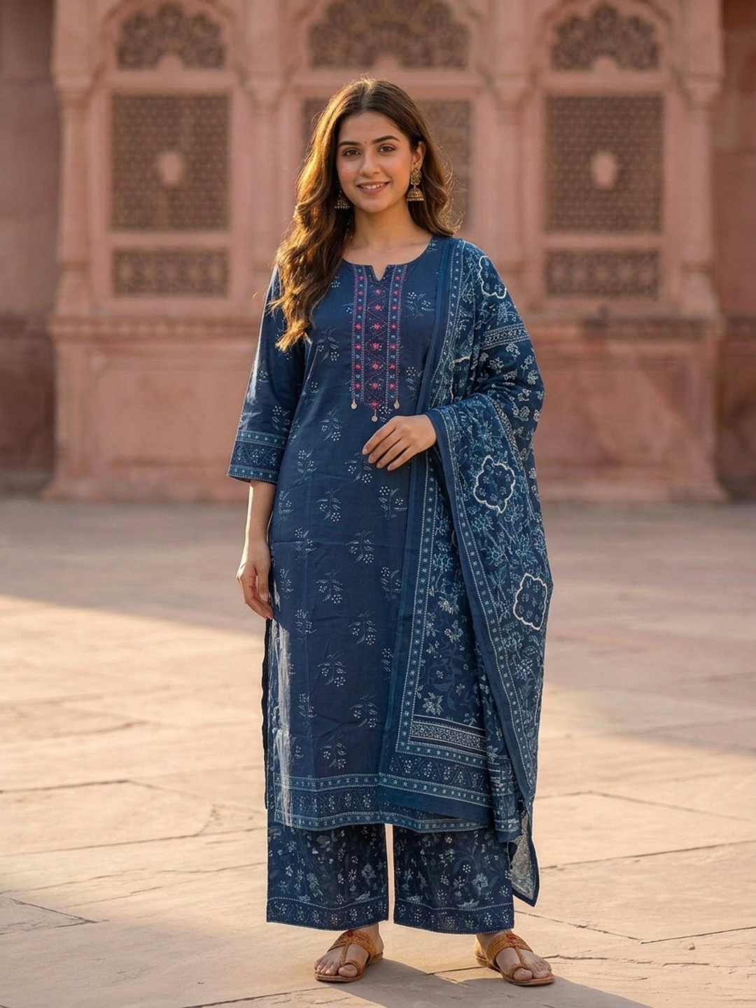 Blue Floral Printed Cotton Straight Kurta Set with Mirror Work, Round Neck, Palazzo & Printed Pure Cotton Dupatta