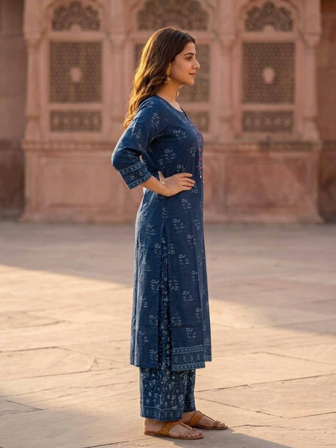 Blue Floral Printed Cotton Straight Kurta Set with Mirror Work, Round Neck, Palazzo & Printed Pure Cotton Dupatta