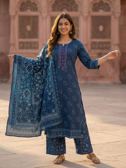Blue Floral Printed Cotton Straight Kurta Set with Mirror Work, Round Neck, Palazzo & Printed Pure Cotton Dupatta