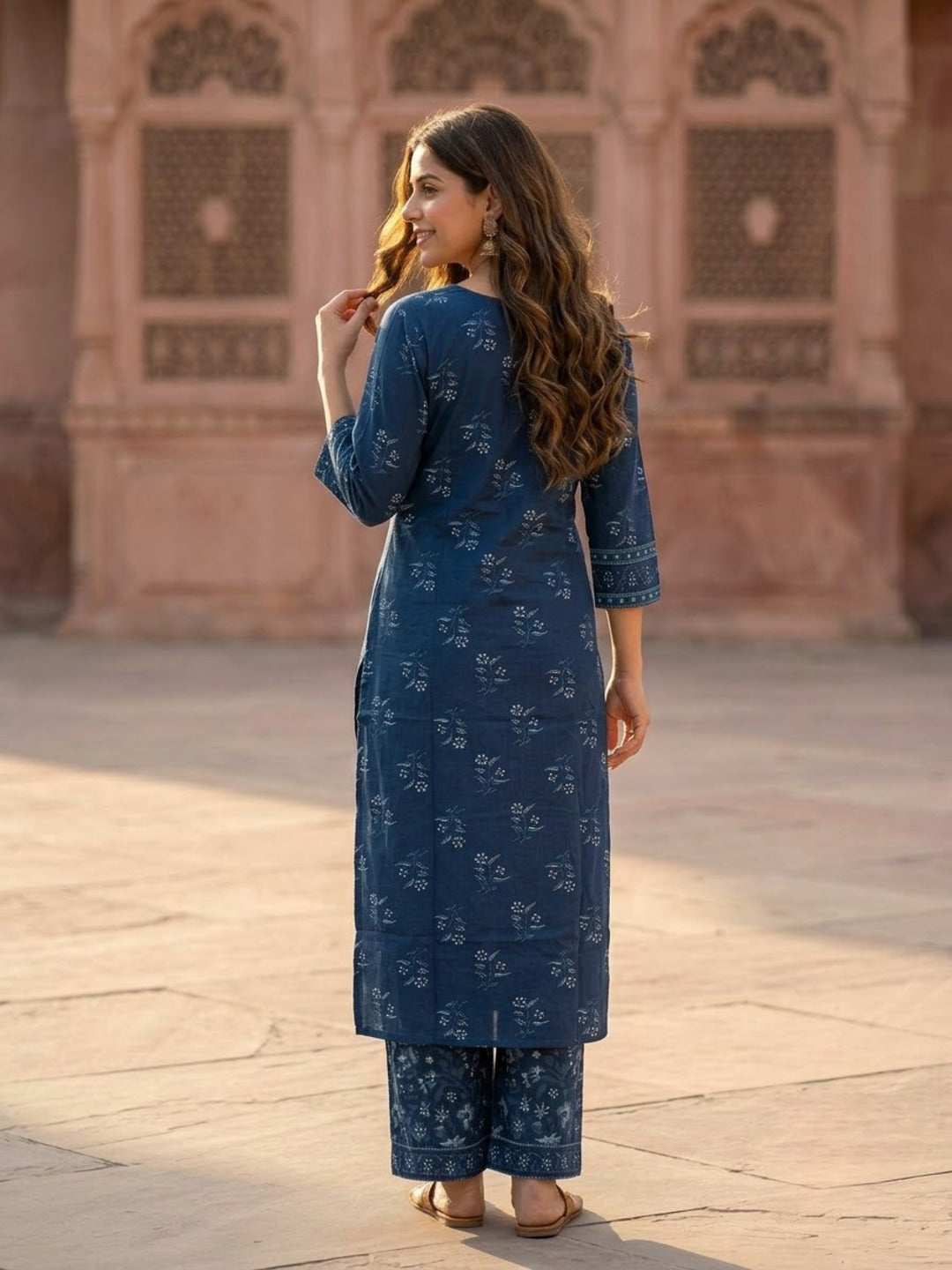 Blue Floral Printed Cotton Straight Kurta Set with Mirror Work, Round Neck, Palazzo & Printed Pure Cotton Dupatta