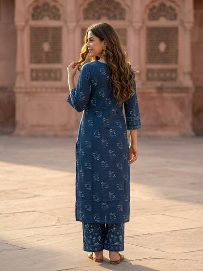 Blue Floral Printed Cotton Straight Kurta Set with Mirror Work, Round Neck, Palazzo & Printed Pure Cotton Dupatta