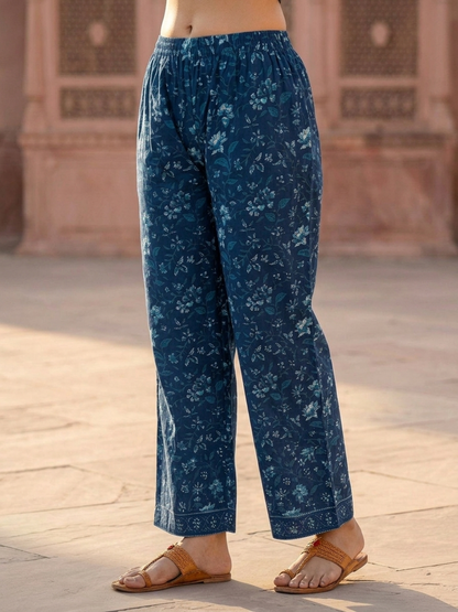 Blue Floral Printed Cotton Straight Kurta Set with Mirror Work, Round Neck, Palazzo & Printed Pure Cotton Dupatta