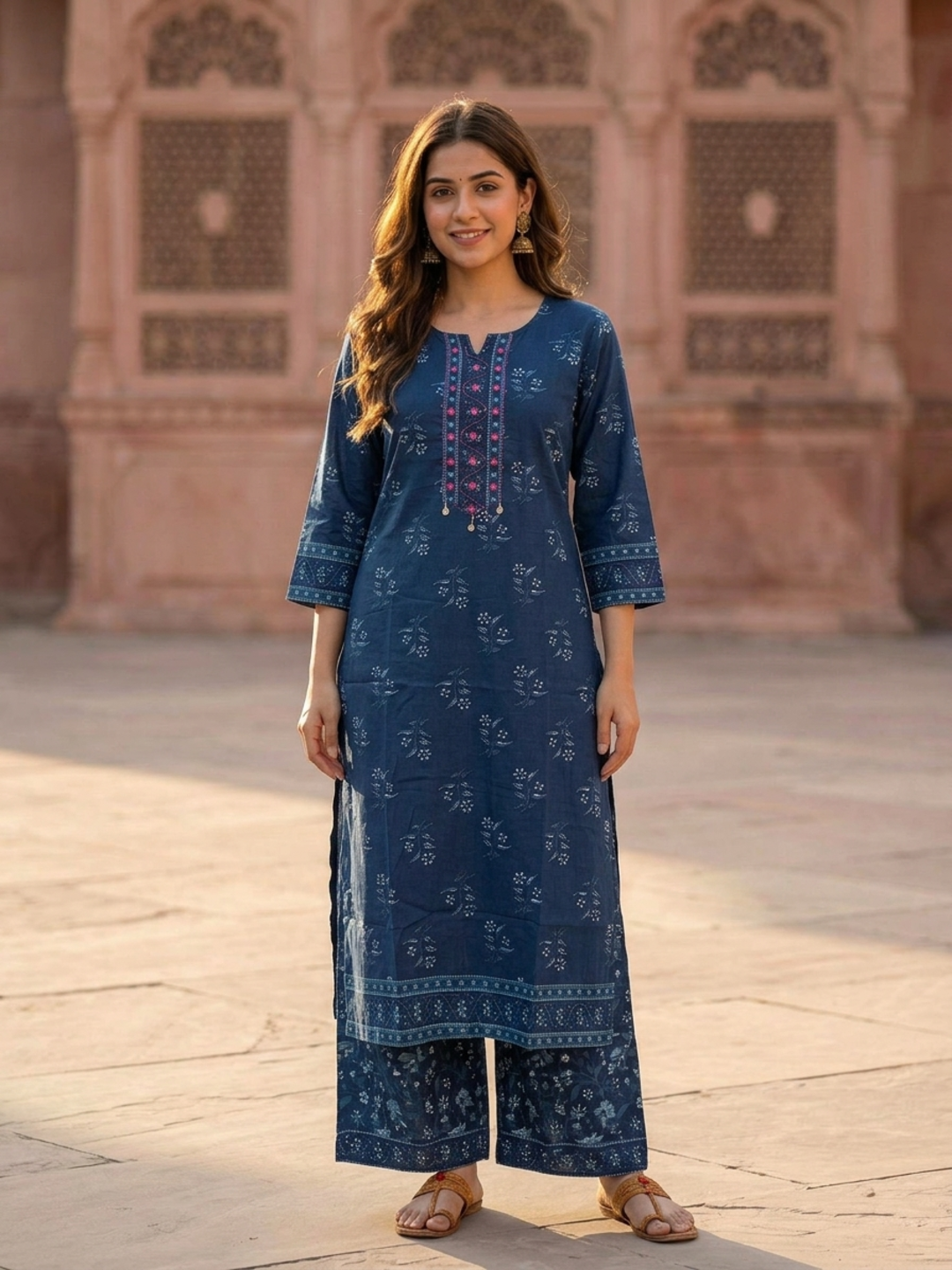 Blue Floral Printed Cotton Straight Kurta Set with Mirror Work, Round Neck, Palazzo & Printed Pure Cotton Dupatta