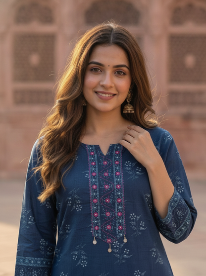 Blue Floral Printed Cotton Straight Kurta Set with Mirror Work, Round Neck, Palazzo & Printed Pure Cotton Dupatta