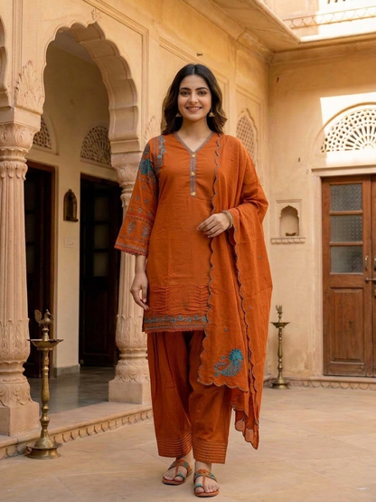 Rust Solid Cotton Straight Kurta Set with Ethnic Embroidery, Salwar & Embroidered Cotton Dupatta