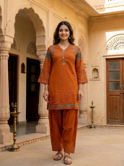 Rust Solid Cotton Straight Kurta Set with Ethnic Embroidery, Salwar & Embroidered Cotton Dupatta