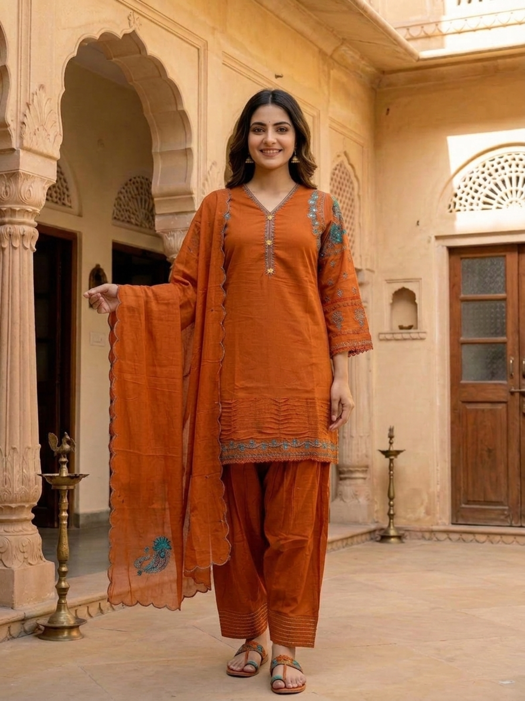 Rust Solid Cotton Straight Kurta Set with Ethnic Embroidery, Salwar & Embroidered Cotton Dupatta