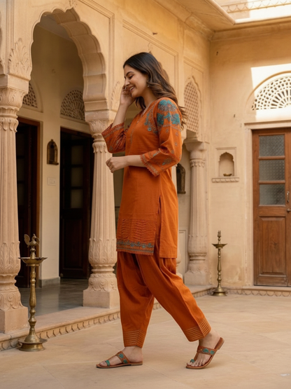 Rust Solid Cotton Straight Kurta Set with Ethnic Embroidery, Salwar & Embroidered Cotton Dupatta