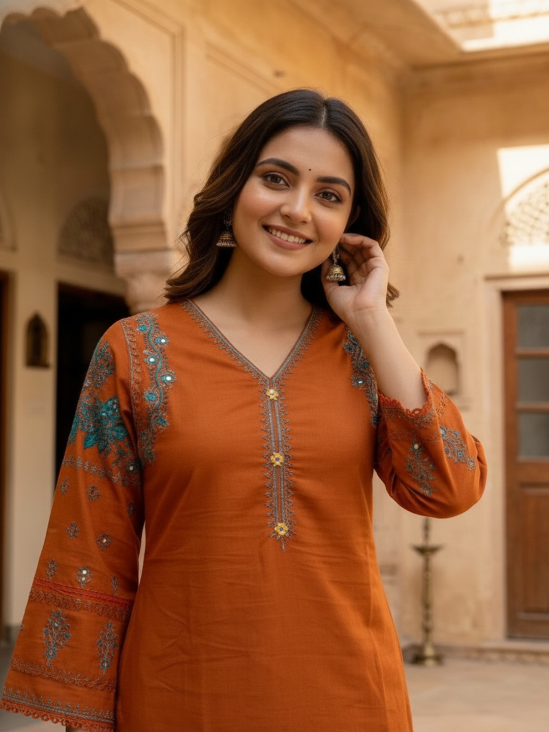Rust Solid Cotton Straight Kurta Set with Ethnic Embroidery, Salwar & Embroidered Cotton Dupatta