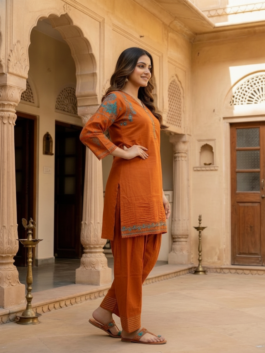 Rust Solid Cotton Straight Kurta Set with Ethnic Embroidery, Salwar & Embroidered Cotton Dupatta
