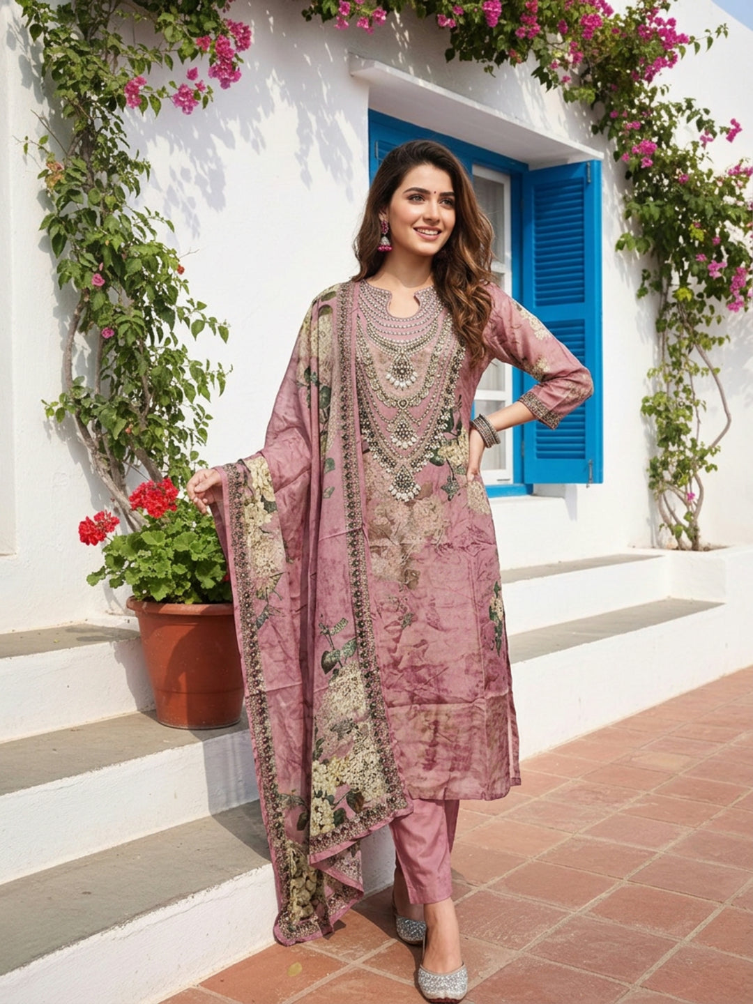 Rose Ethnic Floral Printed Crepe Straight Kurta Set with Embroidery, Bead & Stone Highlights, Round Neck, Shantoon Trouser & Printed Poly Crepe Dupatta