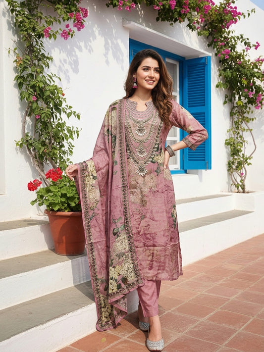 Rose Ethnic Floral Printed Crepe Straight Kurta Set with Embroidery, Bead & Stone Highlights, Round Neck, Shantoon Trouser & Printed Poly Crepe Dupatta