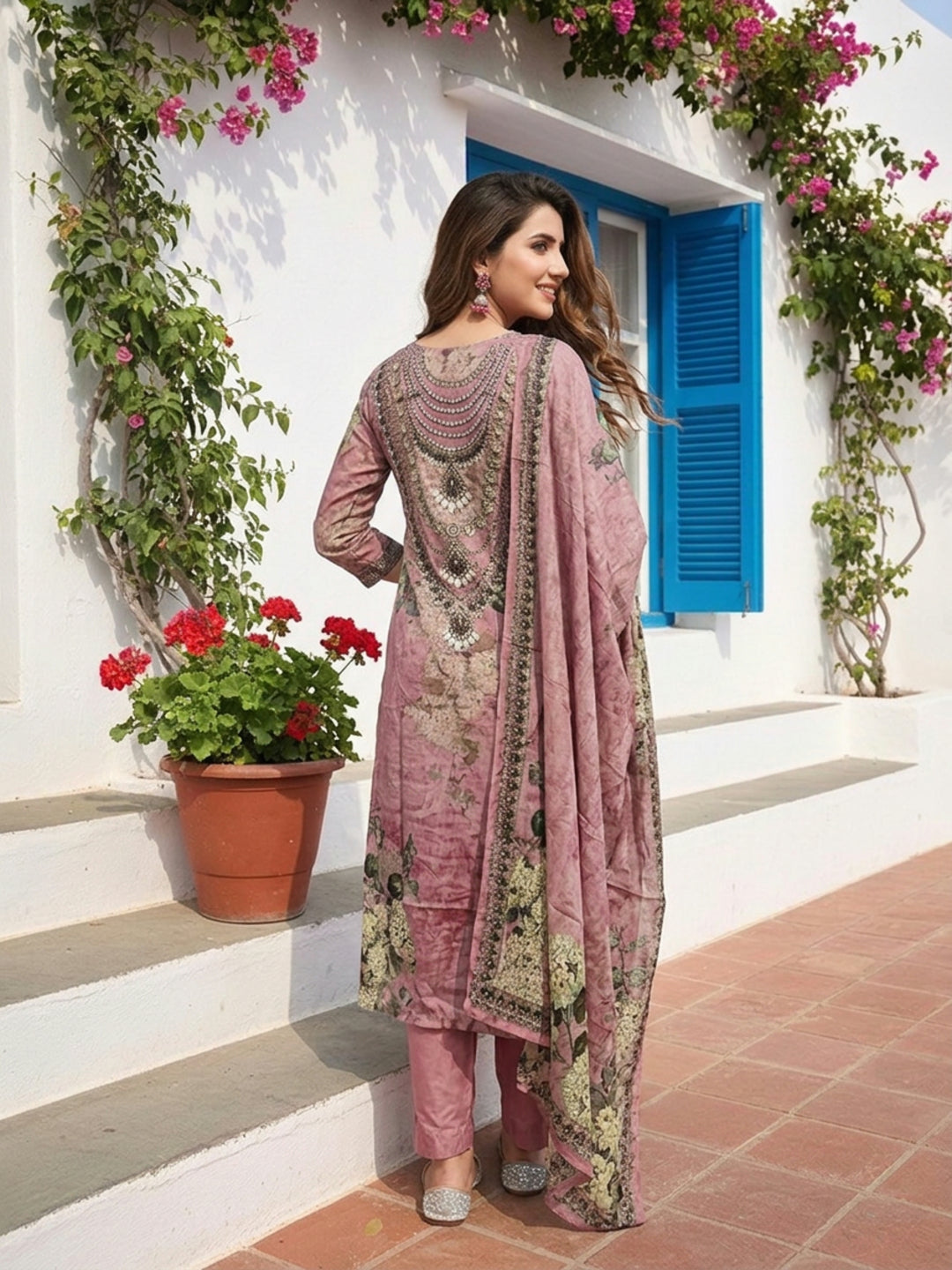 Rose Ethnic Floral Printed Crepe Straight Kurta Set with Embroidery, Bead & Stone Highlights, Round Neck, Shantoon Trouser & Printed Poly Crepe Dupatta
