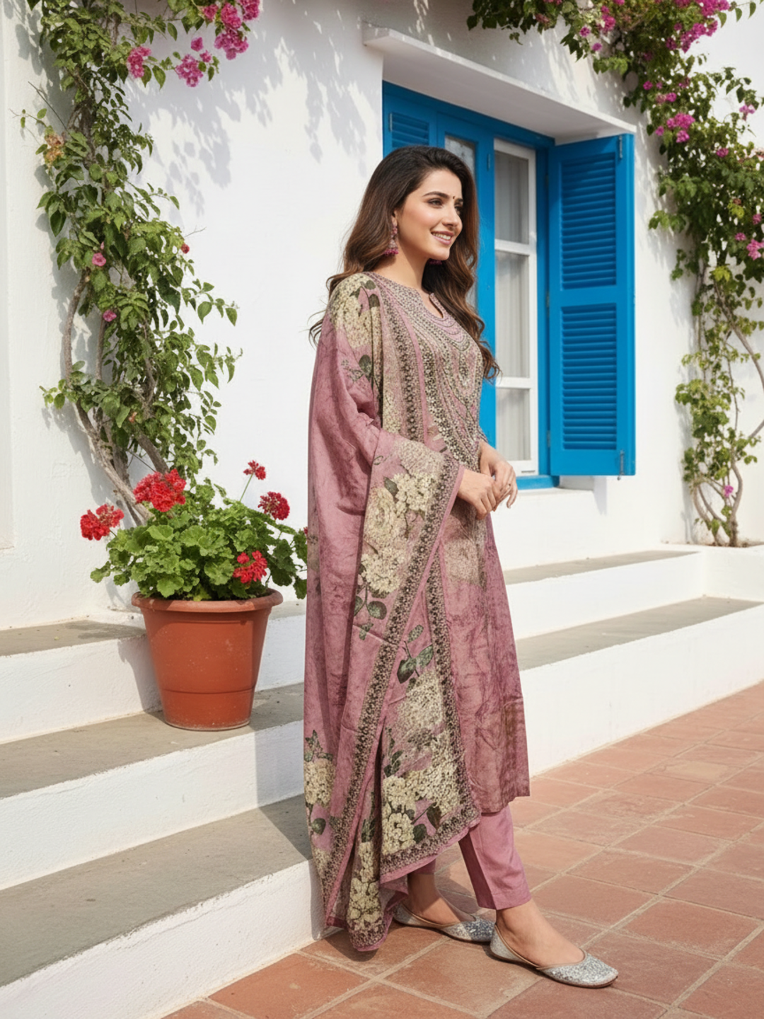 Rose Ethnic Floral Printed Crepe Straight Kurta Set with Embroidery, Bead & Stone Highlights, Round Neck, Shantoon Trouser & Printed Poly Crepe Dupatta