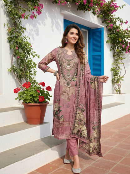 Rose Ethnic Floral Printed Crepe Straight Kurta Set with Embroidery, Bead & Stone Highlights, Round Neck, Shantoon Trouser & Printed Poly Crepe Dupatta