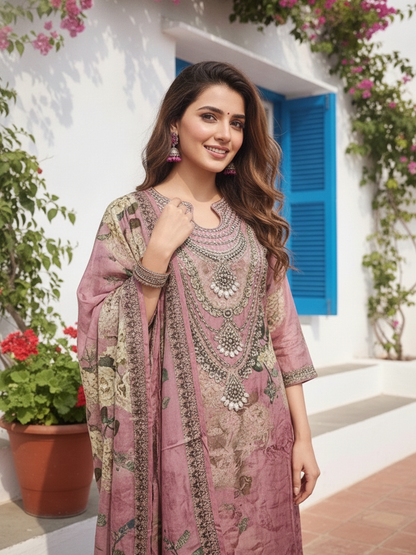 Rose Ethnic Floral Printed Crepe Straight Kurta Set with Embroidery, Bead & Stone Highlights, Round Neck, Shantoon Trouser & Printed Poly Crepe Dupatta