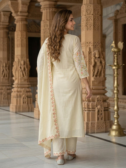Cream Solid Cotton Straight Kurta Set with Floral Threadwork Embroidery, V-Neck, Silk Blend Palazzo & Pure Cotton Printed Border Dupatta