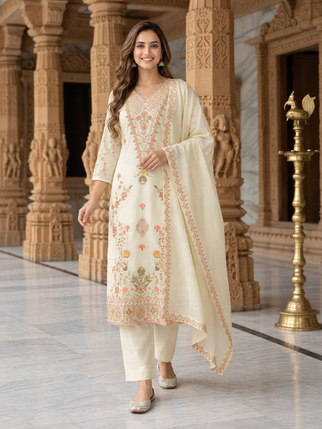 Cream Solid Cotton Straight Kurta Set with Floral Threadwork Embroidery, V-Neck, Silk Blend Palazzo & Pure Cotton Printed Border Dupatta