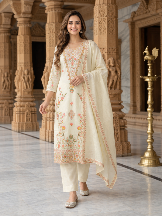 Cream Solid Cotton Straight Kurta Set with Floral Threadwork Embroidery, V-Neck, Silk Blend Palazzo & Pure Cotton Printed Border Dupatta