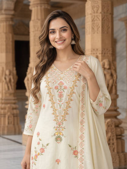 Cream Solid Cotton Straight Kurta Set with Floral Threadwork Embroidery, V-Neck, Silk Blend Palazzo & Pure Cotton Printed Border Dupatta