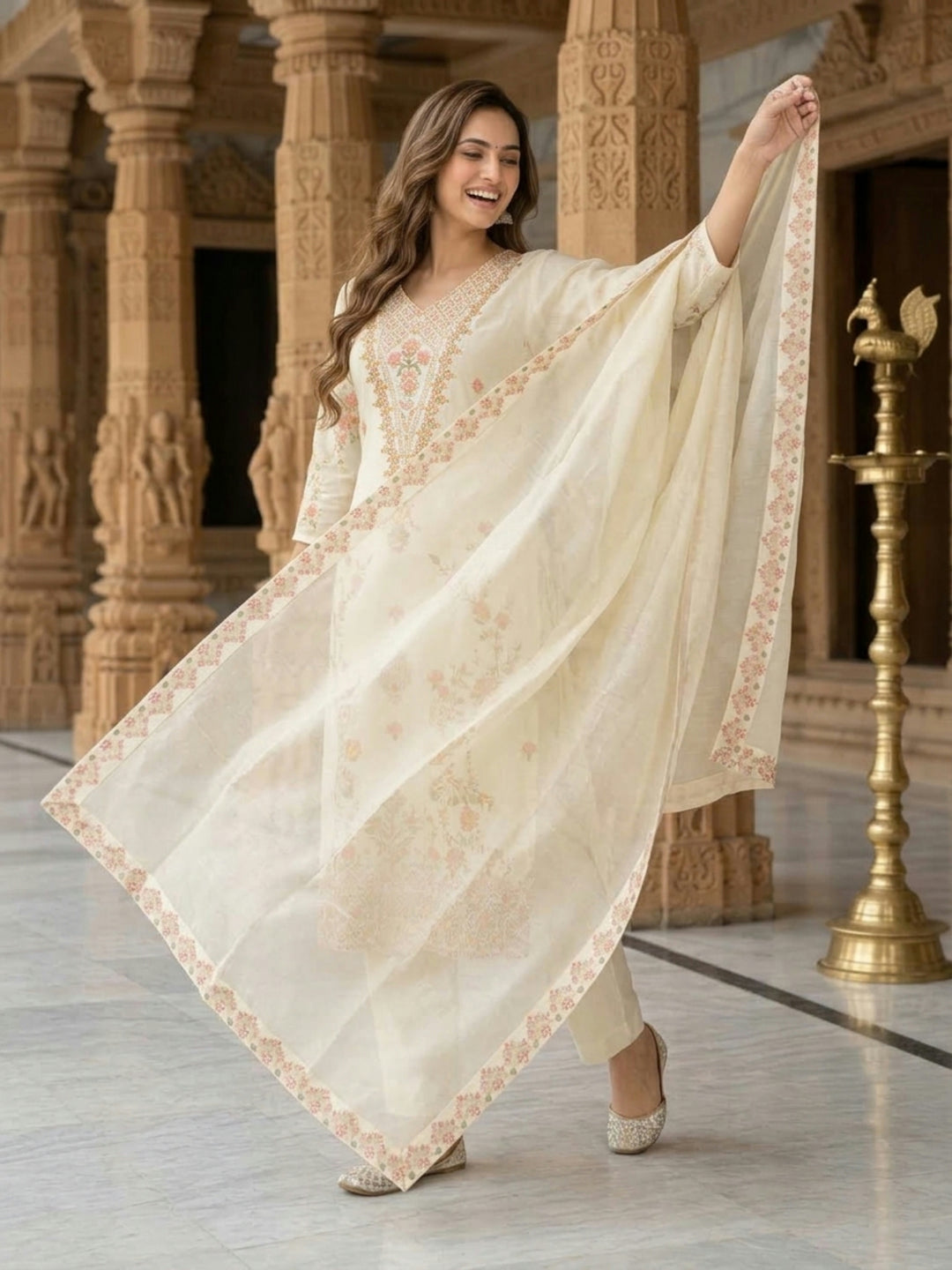 Cream Solid Cotton Straight Kurta Set with Floral Threadwork Embroidery, V-Neck, Silk Blend Palazzo & Pure Cotton Printed Border Dupatta