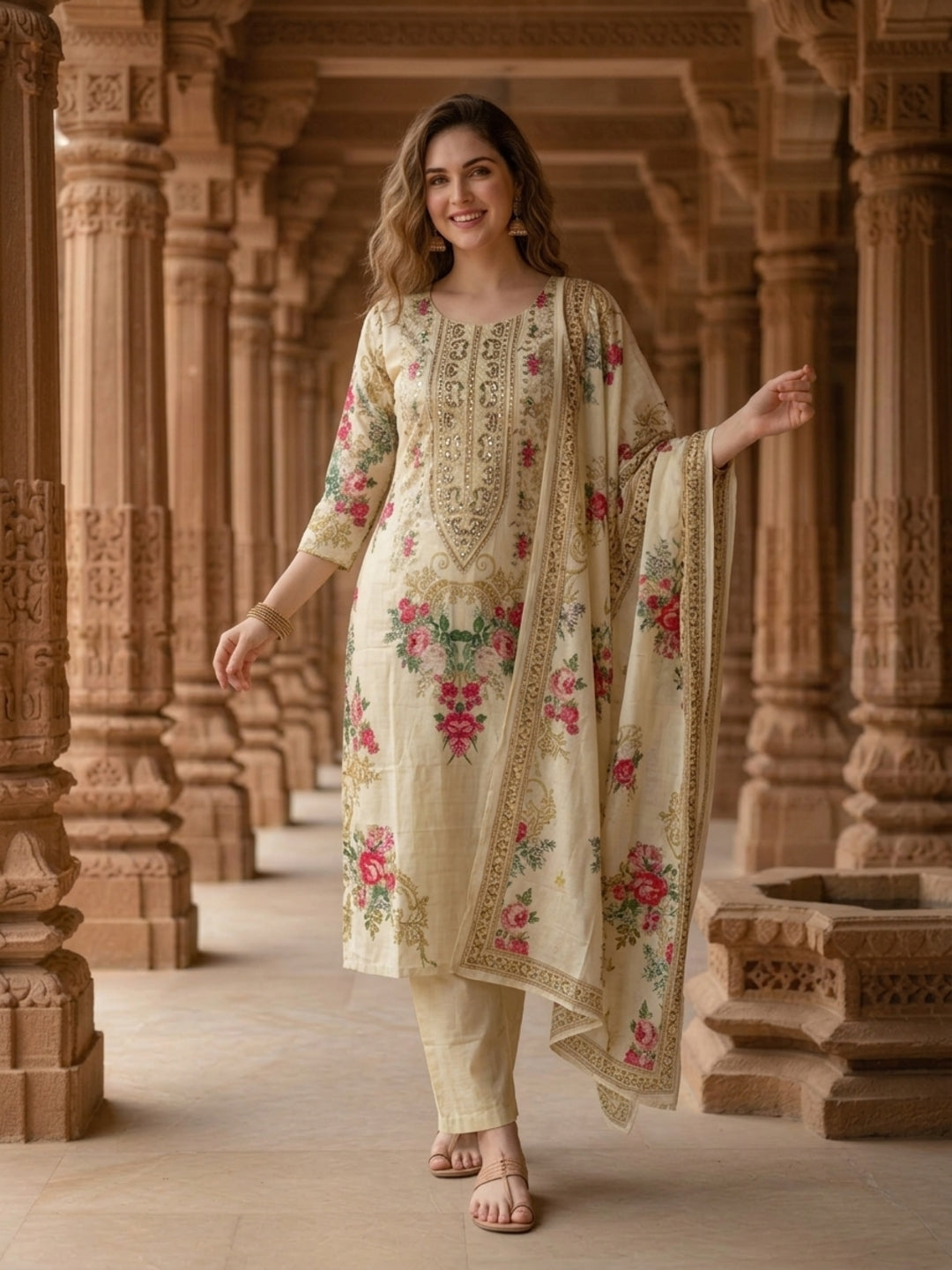 Cream Floral Crepe Kurta Set with Embroidery & Bead Work, Pants & Printed Dupatta