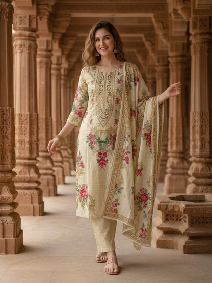 Cream Floral Crepe Kurta Set with Embroidery & Bead Work, Pants & Printed Dupatta