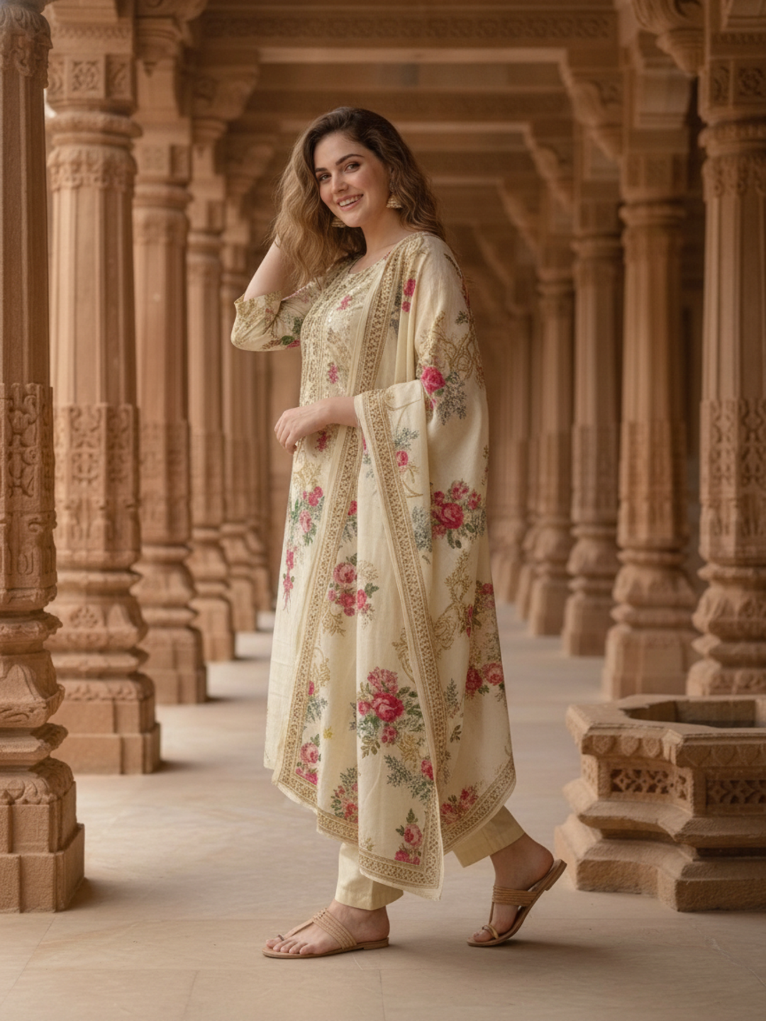 Cream Floral Crepe Kurta Set with Embroidery & Bead Work, Pants & Printed Dupatta