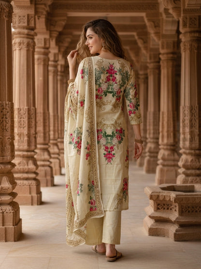 Cream Floral Crepe Kurta Set with Embroidery & Bead Work, Pants & Printed Dupatta