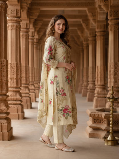 Cream Floral Crepe Kurta Set with Embroidery & Bead Work, Pants & Printed Dupatta