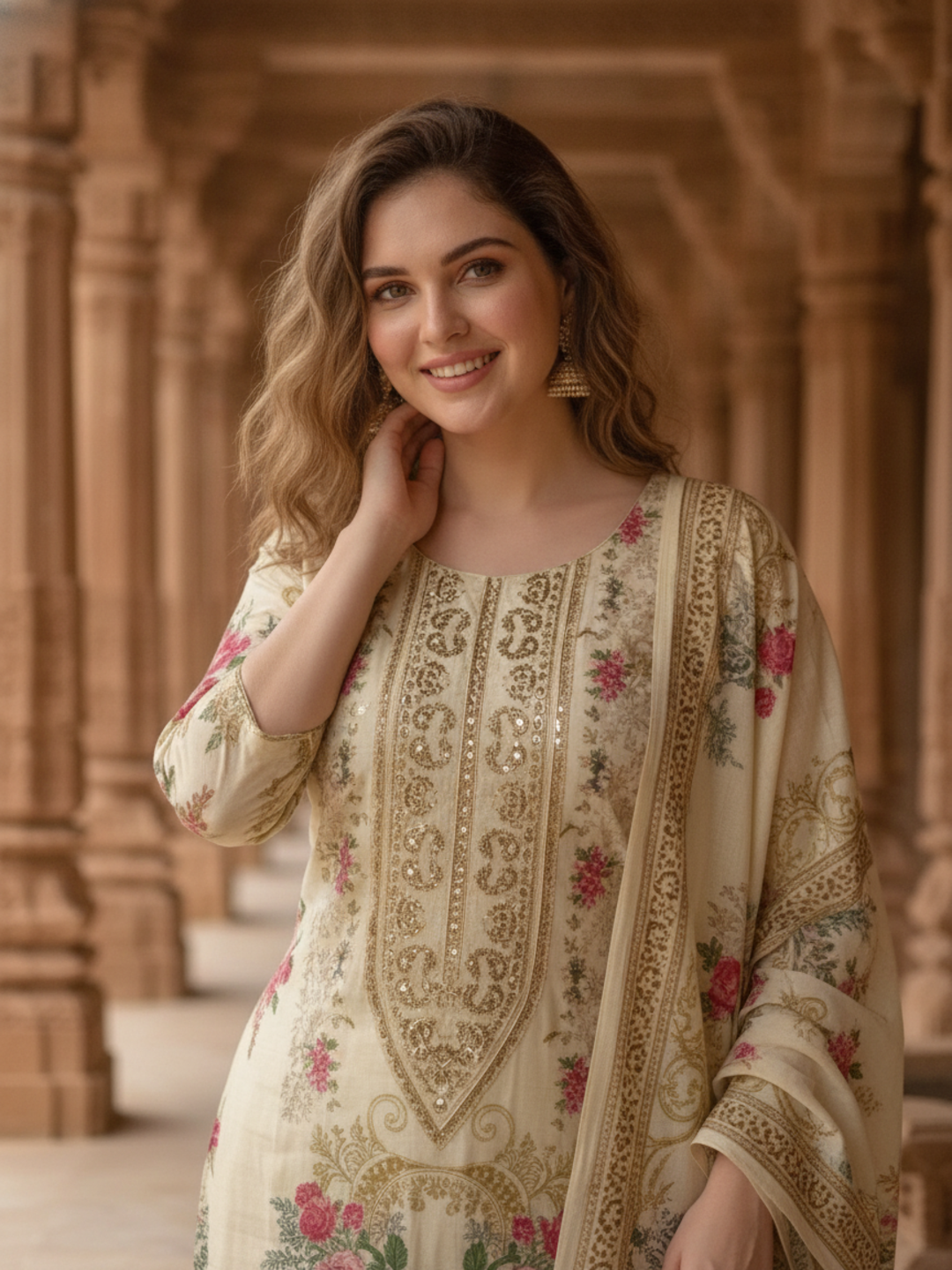 Cream Floral Crepe Kurta Set with Embroidery & Bead Work, Pants & Printed Dupatta