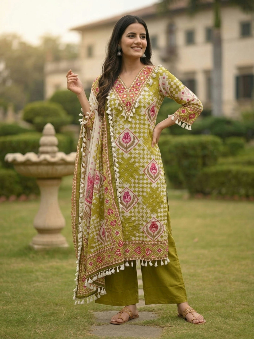 Green Ethnic Floral Printed Cotton Straight Kurta Set with Mirror Work, Tassel Accents, V-Neck, Palazzo & Printed Pure Cotton Crochet Lace Dupatta