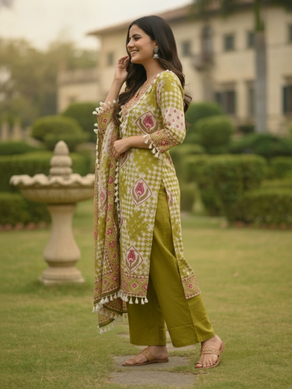 Green Ethnic Floral Printed Cotton Straight Kurta Set with Mirror Work, Tassel Accents, V-Neck, Palazzo & Printed Pure Cotton Crochet Lace Dupatta