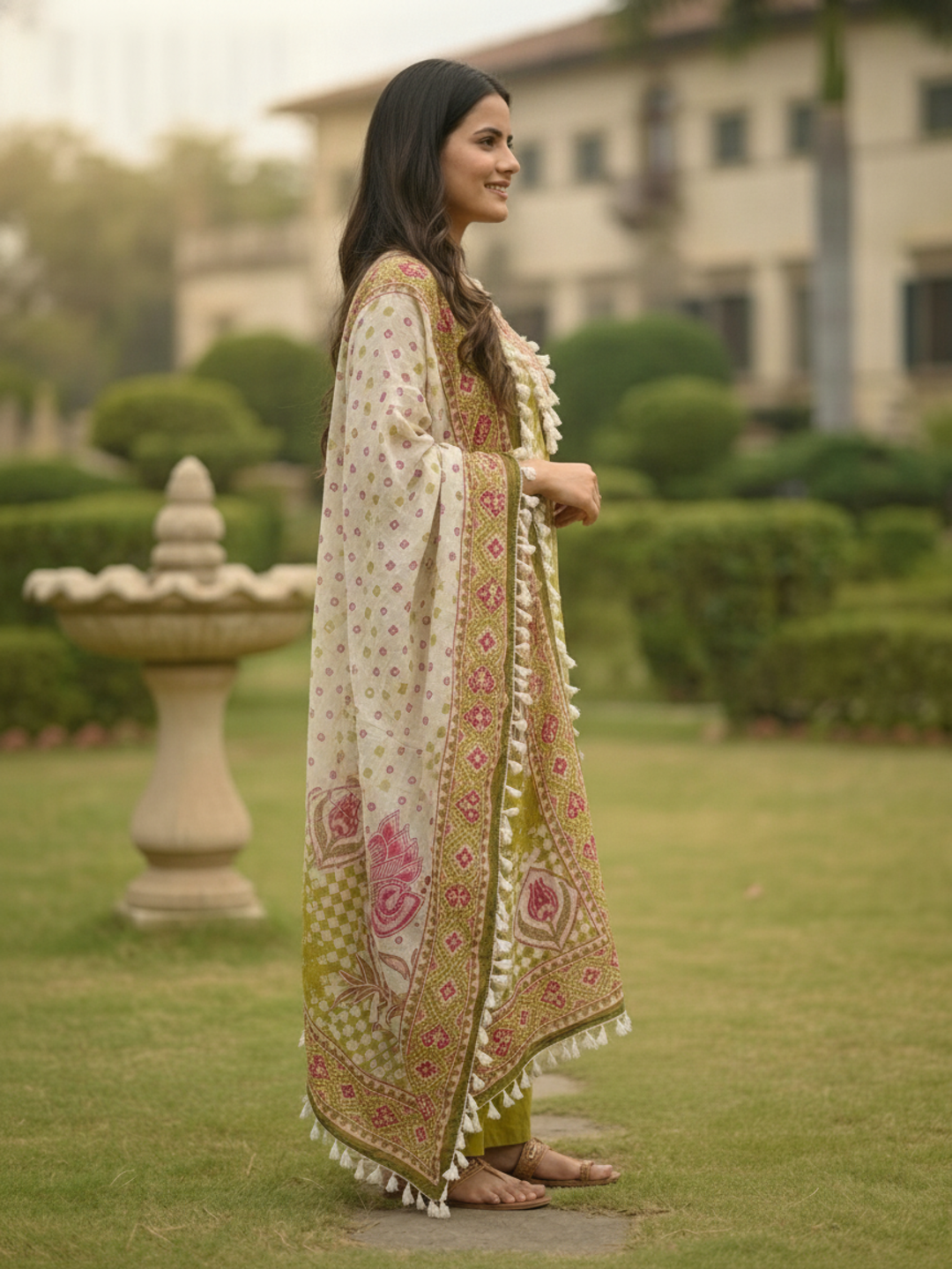 Green Ethnic Floral Printed Cotton Straight Kurta Set with Mirror Work, Tassel Accents, V-Neck, Palazzo & Printed Pure Cotton Crochet Lace Dupatta
