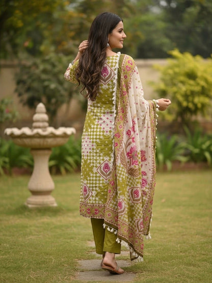 Green Ethnic Floral Printed Cotton Straight Kurta Set with Mirror Work, Tassel Accents, V-Neck, Palazzo & Printed Pure Cotton Crochet Lace Dupatta