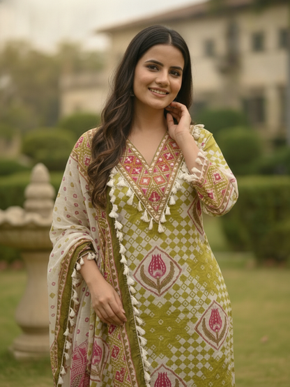 Green Ethnic Floral Printed Cotton Straight Kurta Set with Mirror Work, Tassel Accents, V-Neck, Palazzo & Printed Pure Cotton Crochet Lace Dupatta